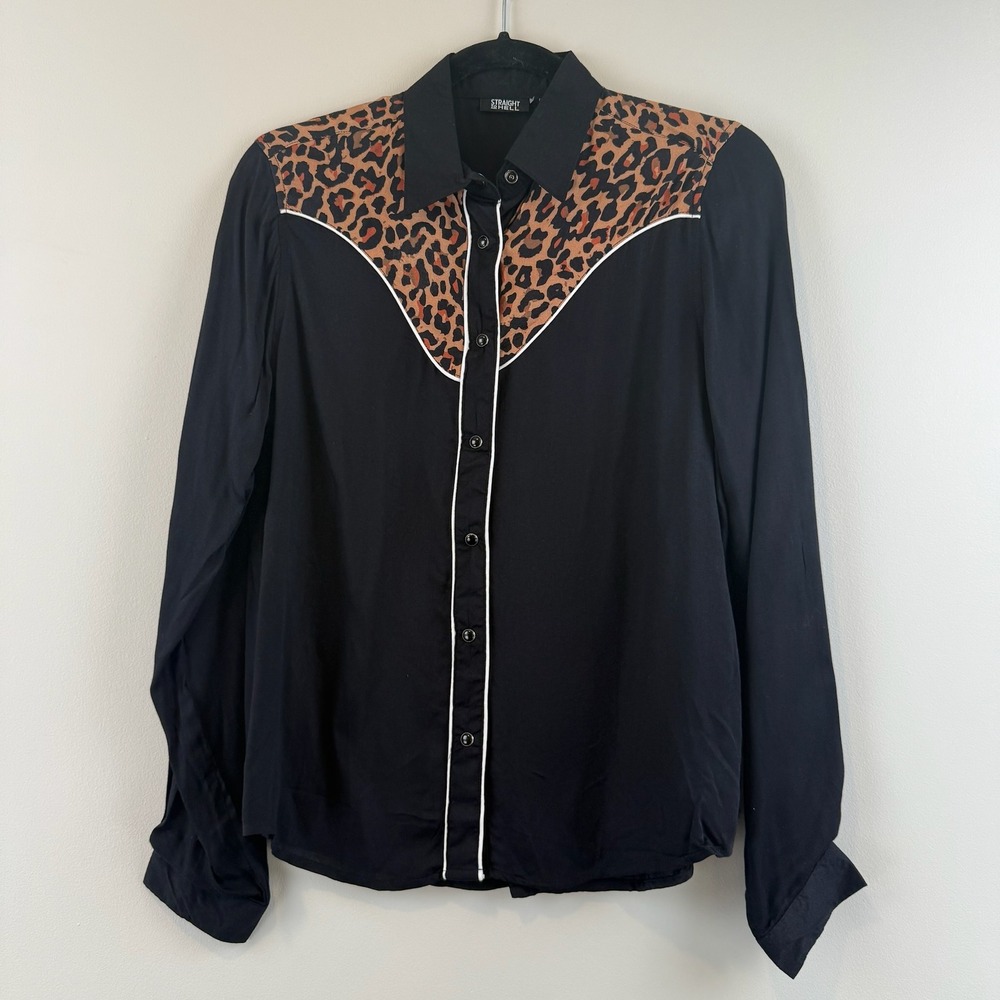 Straight To Hell Western Shirt Medium Rockabilly Leopard Print Snap Front Blouse